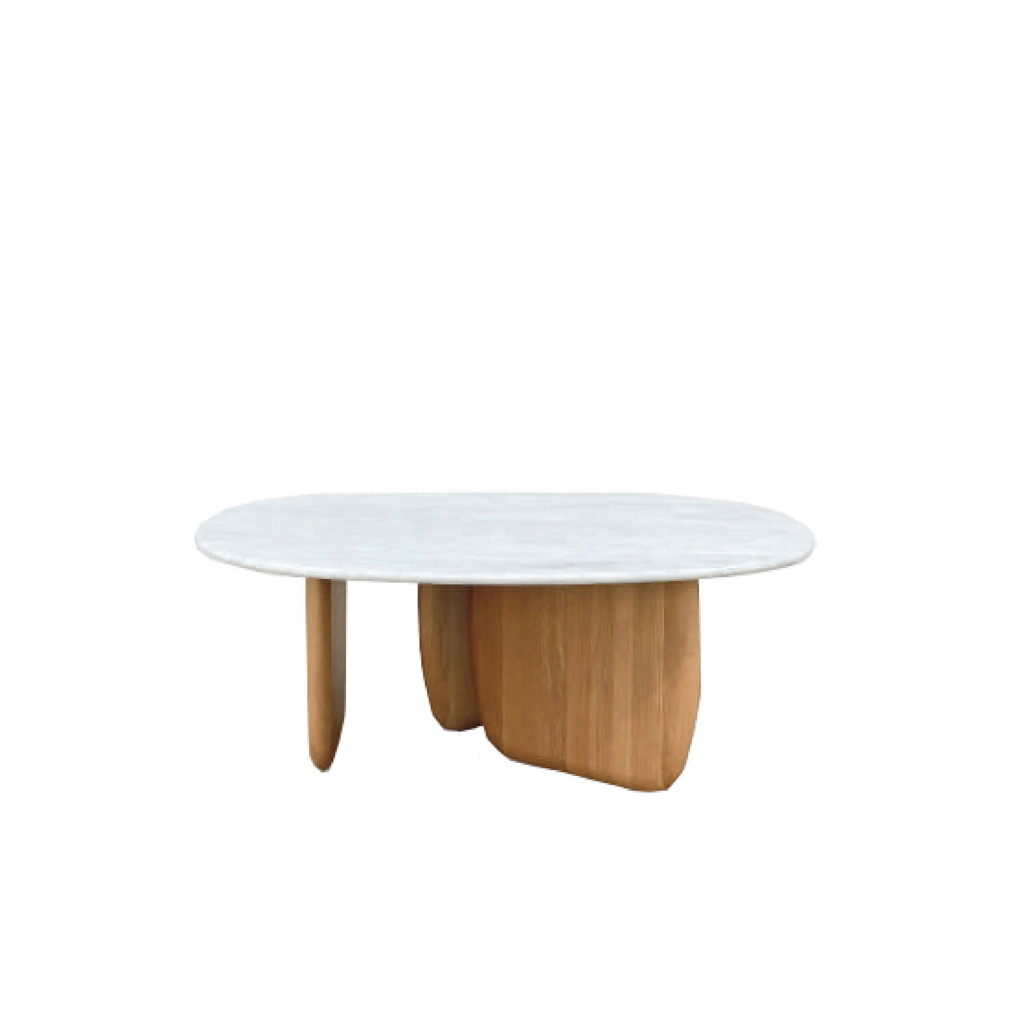A white coffee table with a wooden leg resembling a tree trunk.