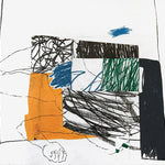 This image presents a compelling artwork titled "Beating the drum" by Luc Am Pierre. The piece features an abstract composition in a vibrant mix of colors including orange, blue, green, and black, creating a dynamic and intriguing visual experience.