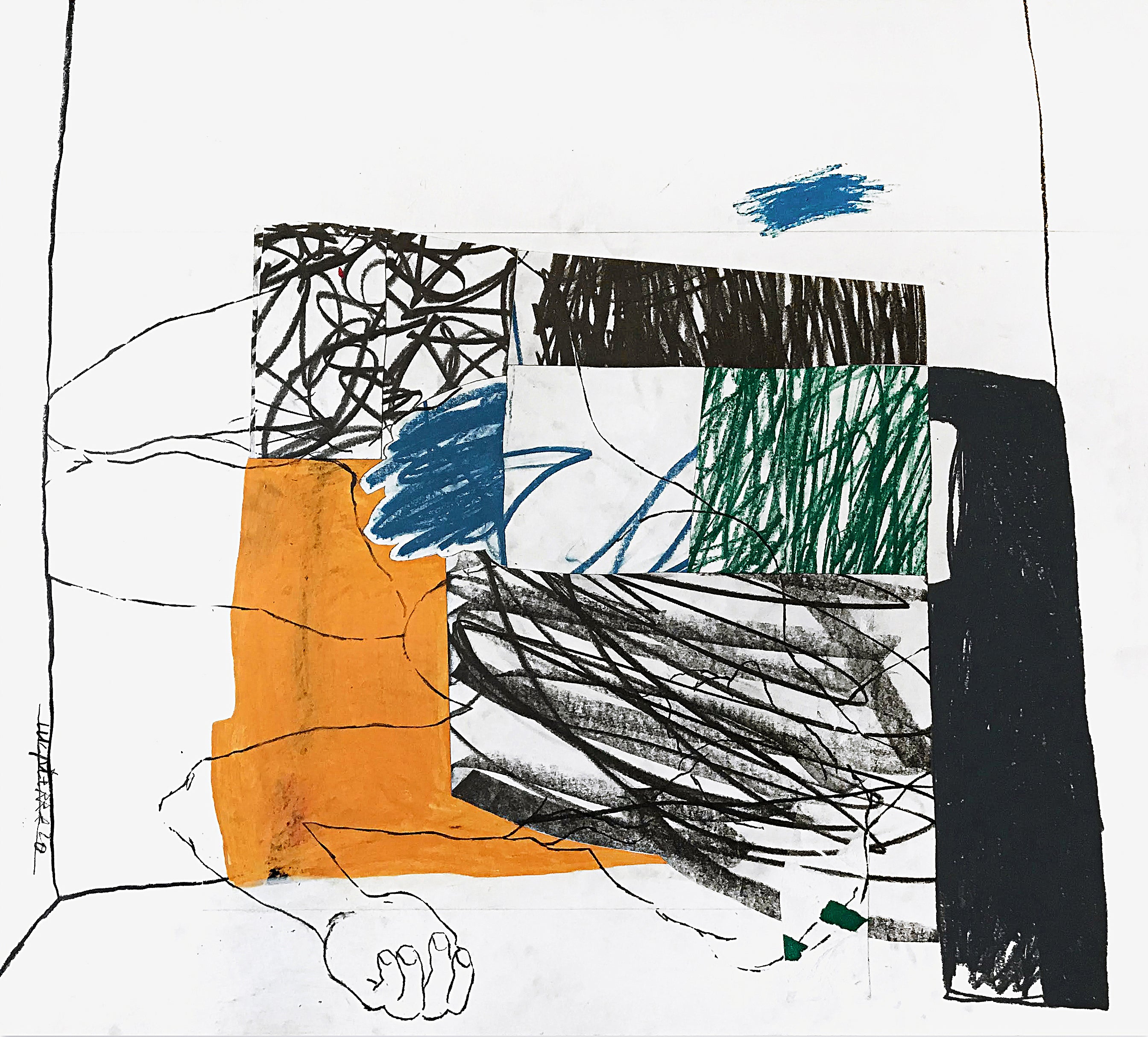 This image presents a compelling artwork titled "Beating the drum" by Luc Am Pierre. The piece features an abstract composition in a vibrant mix of colors including orange, blue, green, and black, creating a dynamic and intriguing visual experience.