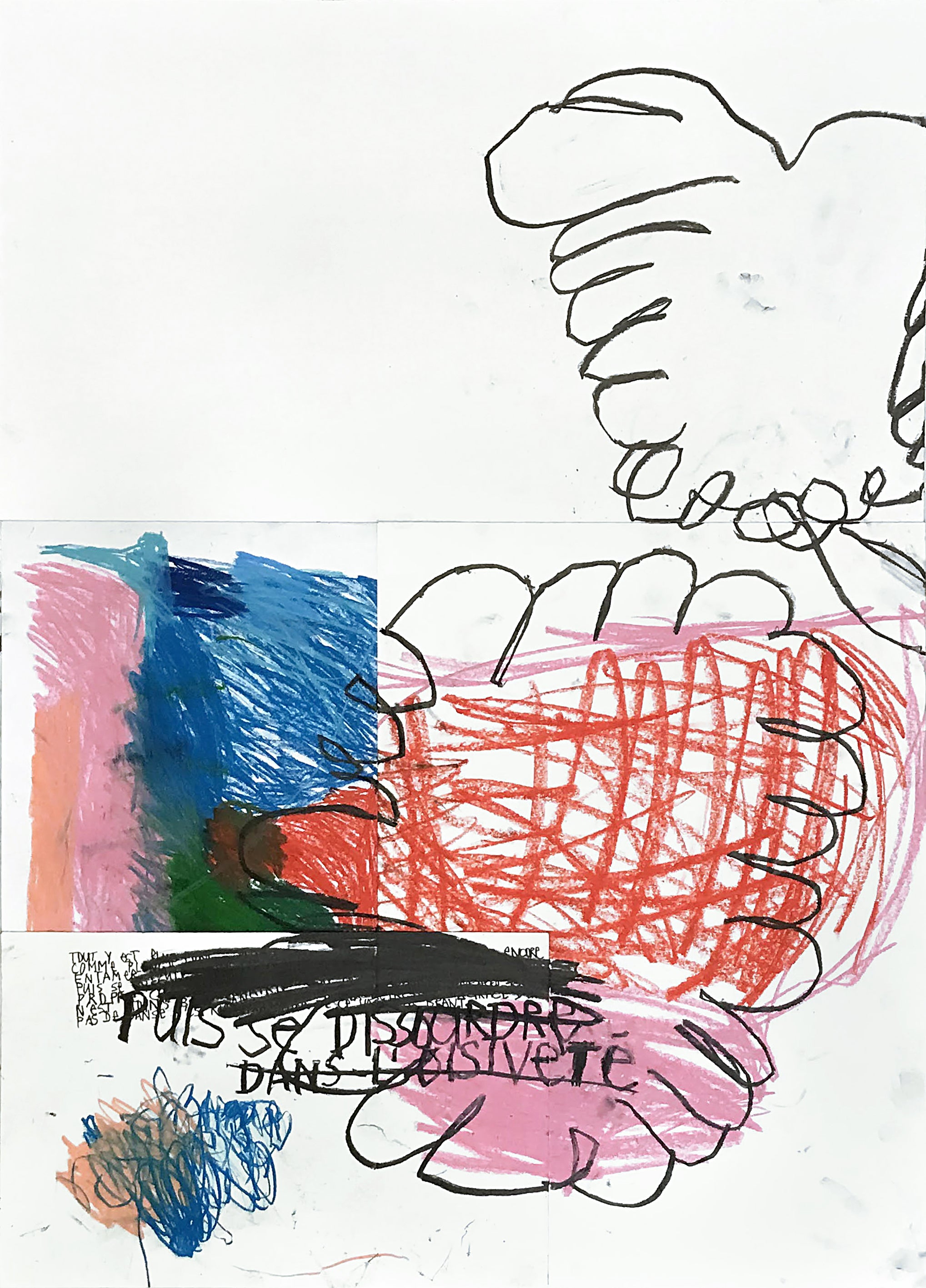 This image features an artwork titled "Inherent Complexity of the Movement," primarily executed in vibrant shades of blue, red, and pink. The piece captures the intricate and complex movements found in nature, abstracted into bold, expressive lines and a blend of vivid colors.
