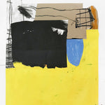 This image presents an artwork titled "Intermediate Space," which is an abstract composition in black, blue, beige, and yellow. The piece features a striking contrast of bold, fluid lines and shapes that evoke a sense of movement and dynamism.
