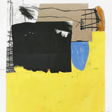 This image presents an artwork titled "Intermediate Space," which is an abstract composition in black, blue, beige, and yellow. The piece features a striking contrast of bold, fluid lines and shapes that evoke a sense of movement and dynamism.