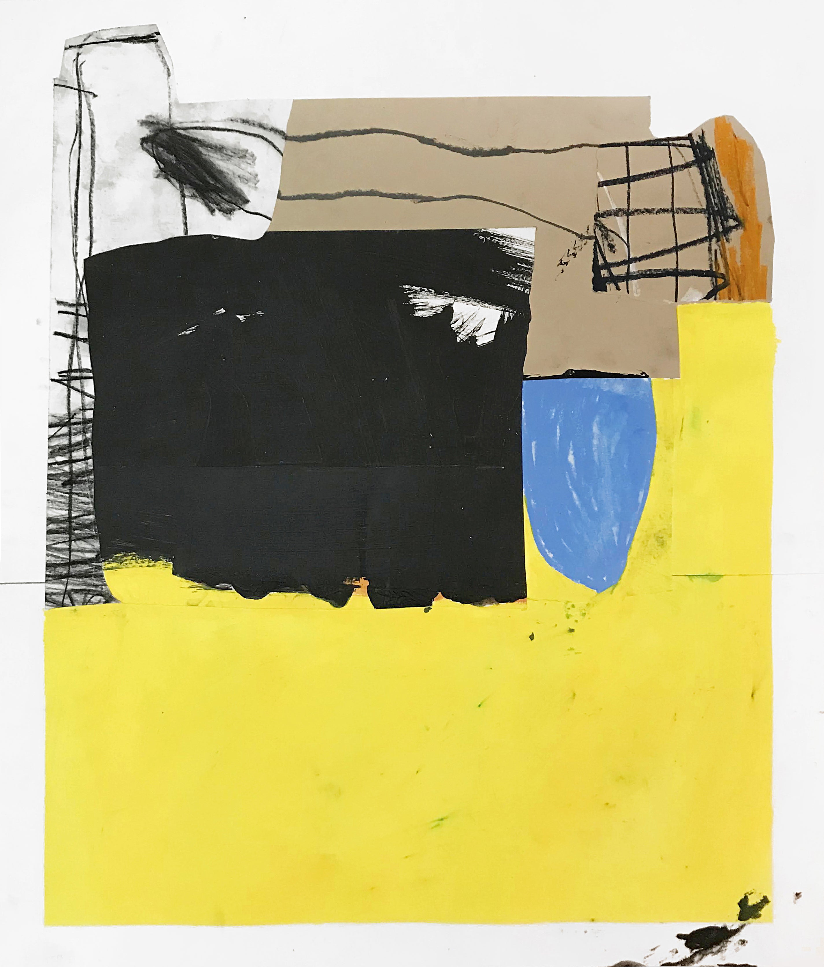 This image presents an artwork titled "Intermediate Space," which is an abstract composition in black, blue, beige, and yellow. The piece features a striking contrast of bold, fluid lines and shapes that evoke a sense of movement and dynamism.