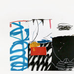 This image features an intriguing piece of artwork titled "On second thought." The artwork is a collage of various abstract and figurative elements, combining fluid, bold lines in a vibrant palette of blues, reds, blacks, and whites.