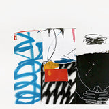 This image features an intriguing piece of artwork titled "On second thought." The artwork is a collage of various abstract and figurative elements, combining fluid, bold lines in a vibrant palette of blues, reds, blacks, and whites.