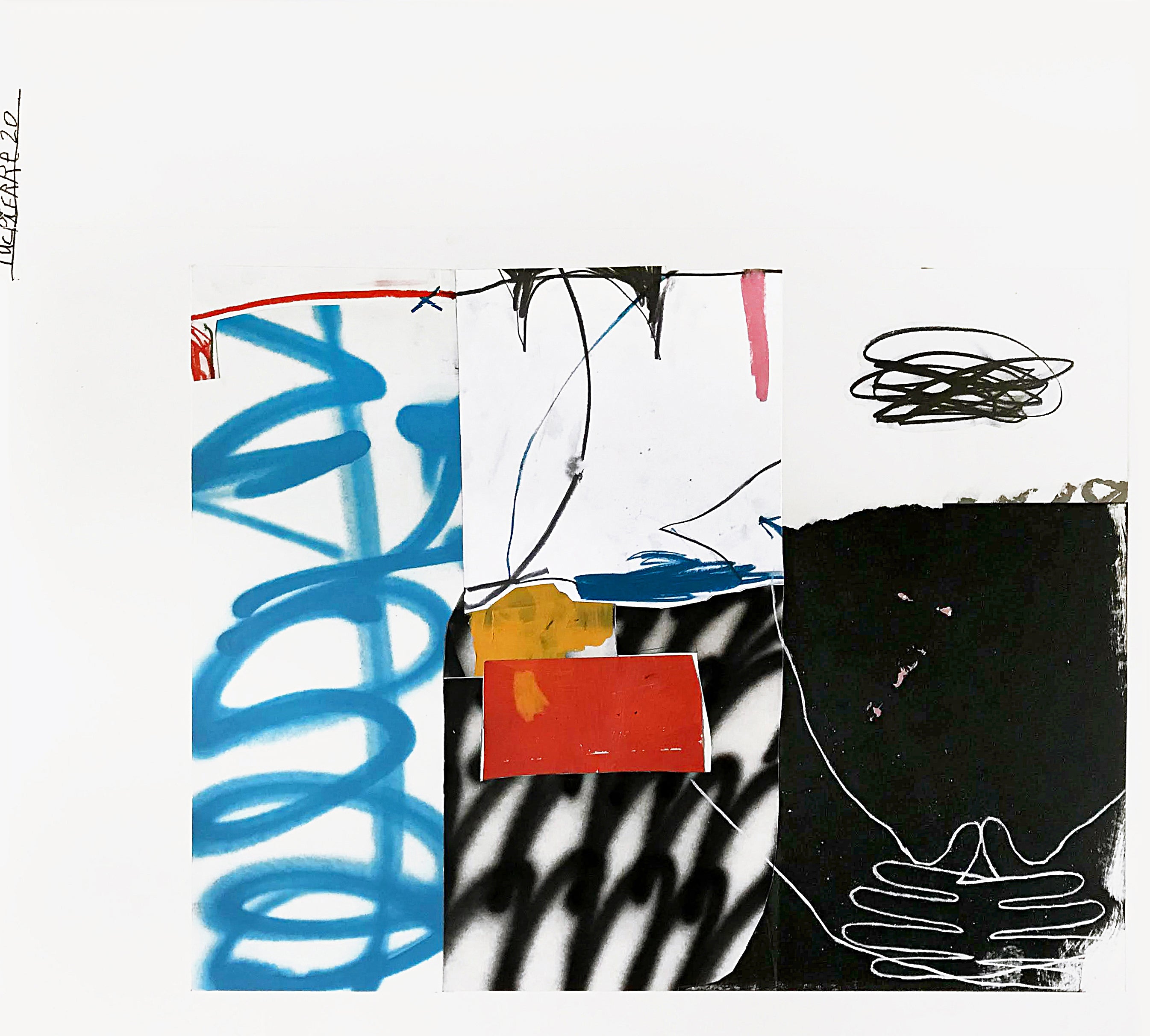 This image features an intriguing piece of artwork titled "On second thought." The artwork is a collage of various abstract and figurative elements, combining fluid, bold lines in a vibrant palette of blues, reds, blacks, and whites.